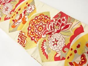 アンティーク　地紙に菊・牡丹模様織り出し袋帯